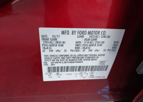 2017 Ford Edge Sel из США, поврежденный, VIN 2FMPK3J87HBB79965